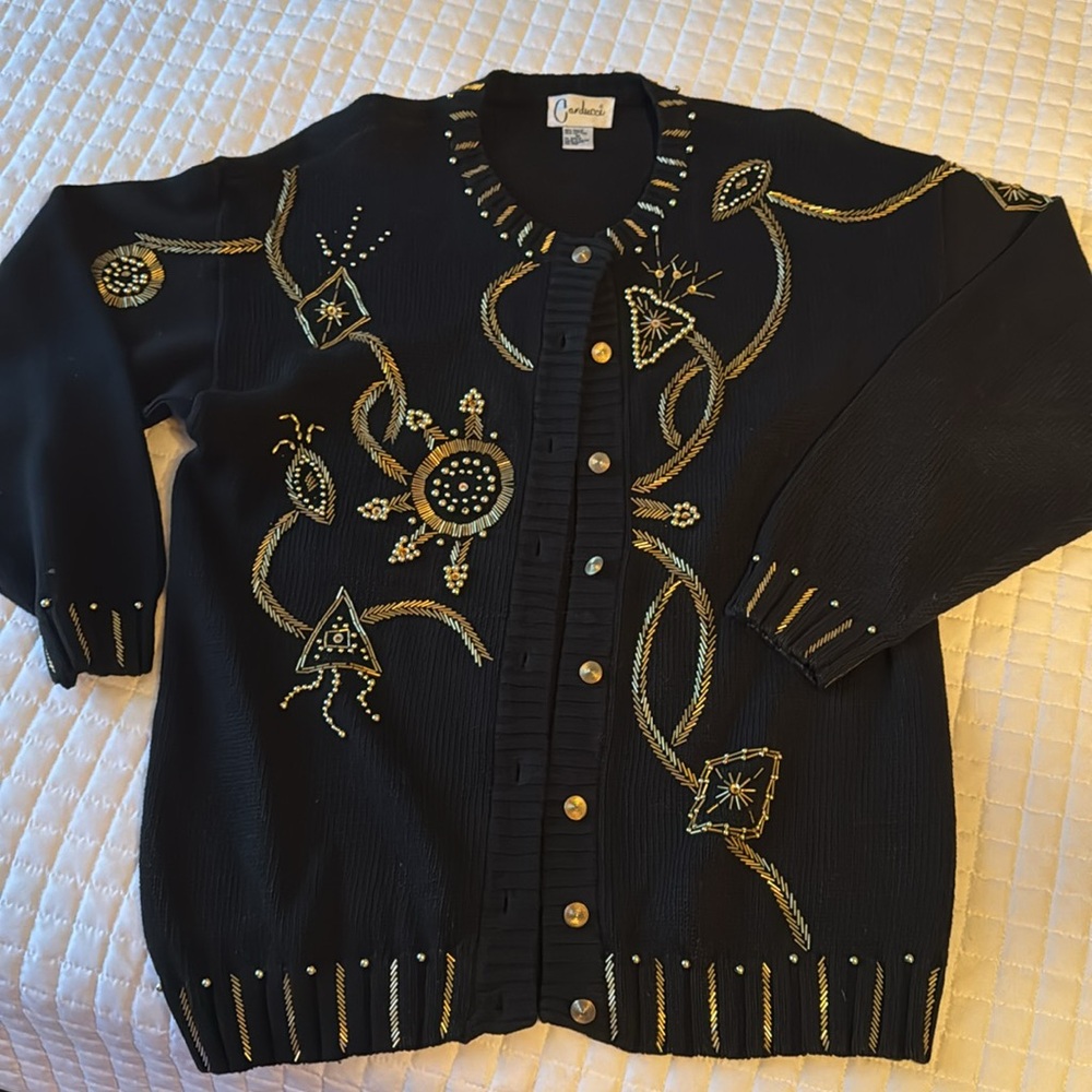 Vintage Carducci Cardigan Black With Gold Beading Details Size Medium